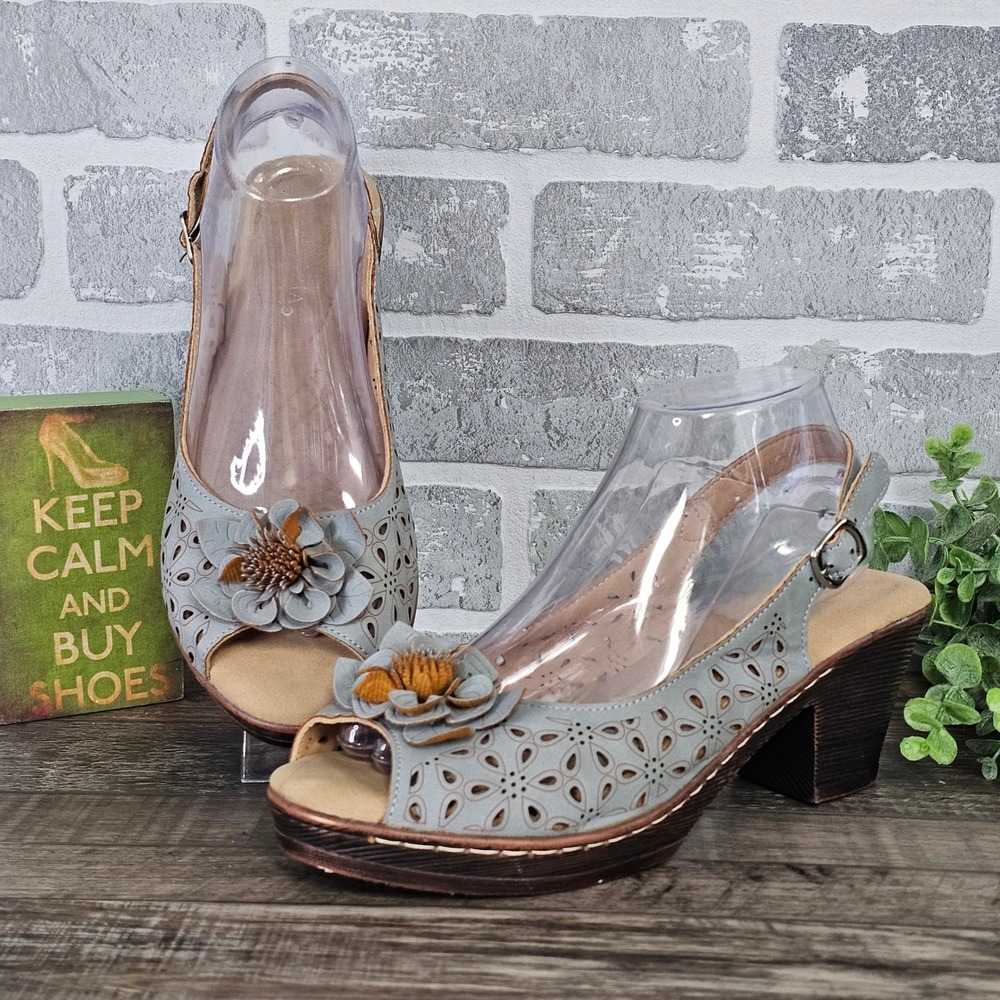 Patrizia By Spring Step Blue Gray Floral Leather Slingback Sandals EU 41 10 Boho